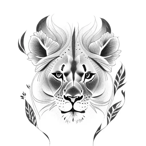 lioness looking at cub and surrounded by hawaian flowers tattoo design idea