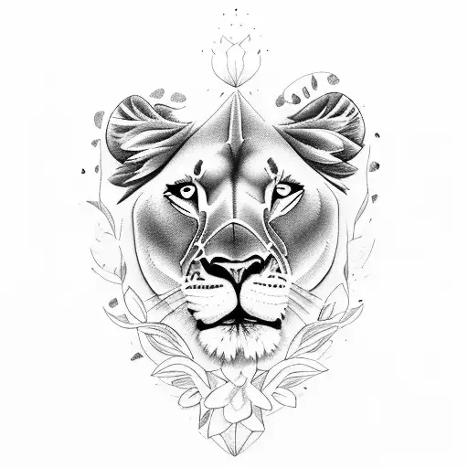 lioness looking at her cub en hawaian flowers tattoo design idea