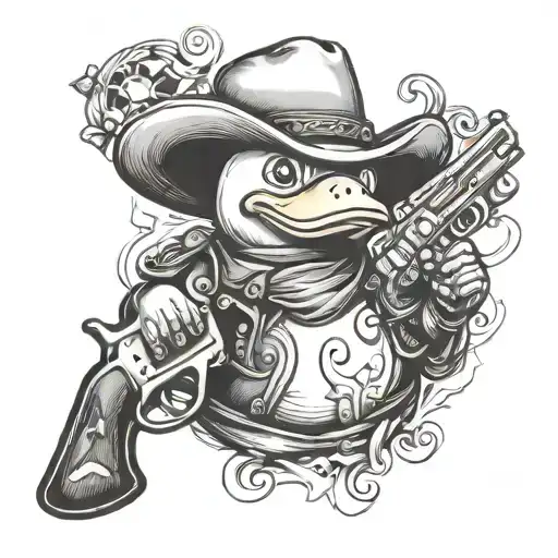 cowboy rubber duck with pistols tattoo design idea