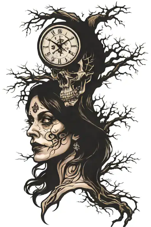 skull clock face tree aging woman tattoo design idea
