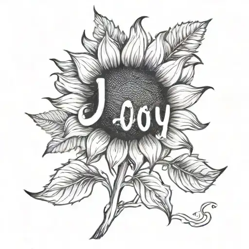 fine line sunflower, black and white, with the word joy as the stem tattoo design idea