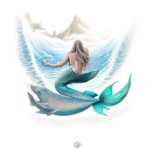 Mermaid in front of waterfall with pisces symbolism tattoo design idea