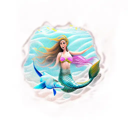 Mermaid with waterfall and pisces  tattoo design idea