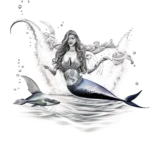 Mermaid in front of waterfall with pisces symbolism tattoo design idea