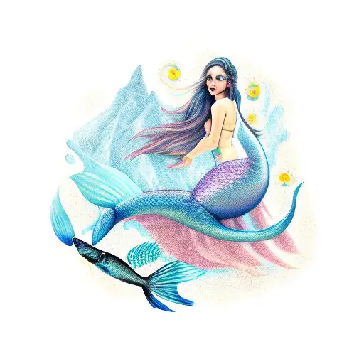 Mermaid with waterfall and pisces  tattoo design idea