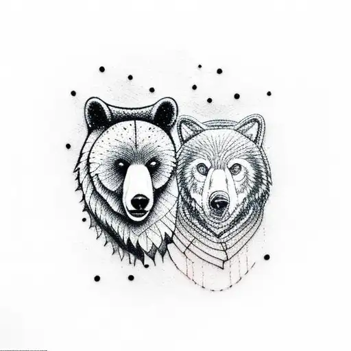 A dotwork tattoo of a bear and wolf exploring the wilderness together with a cabin in the background tattoo design idea