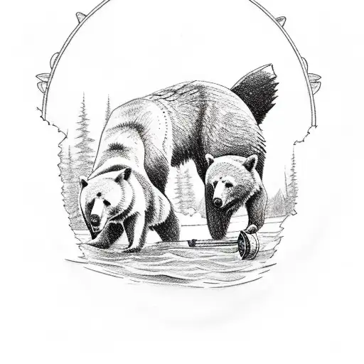 A sketch style tattoo of a bear and wolf fishing by a tranquil lake near a rustic cabin tattoo design idea