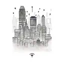 Montreal skyline with musical staffs as the buildings tattoo design idea