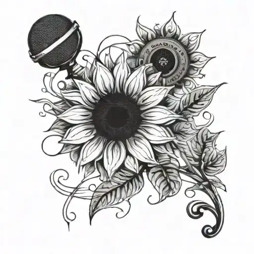 A whimsical design of musical notes forming a sunflower, with a microphone hidden within the petals, in a blackwork style tattoo design idea