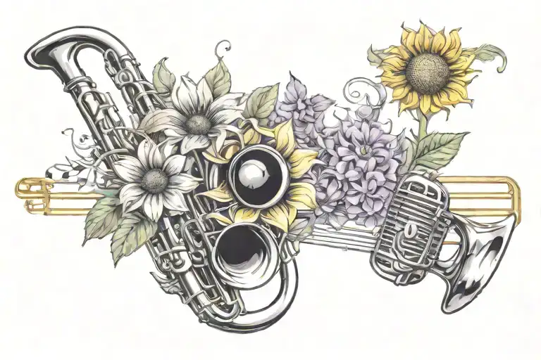 musical notes and trombone and sunflower and lavender and microphone tattoo design idea