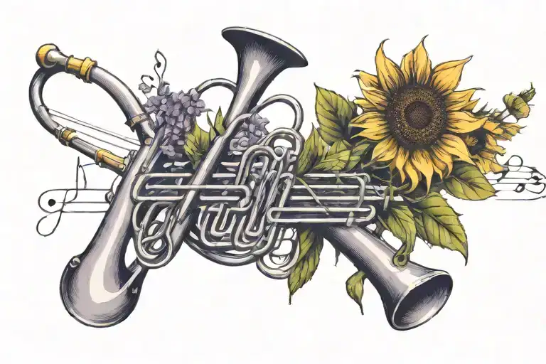 lavender branch with sunflower, a slide trombone, with musical notes flying tattoo design idea