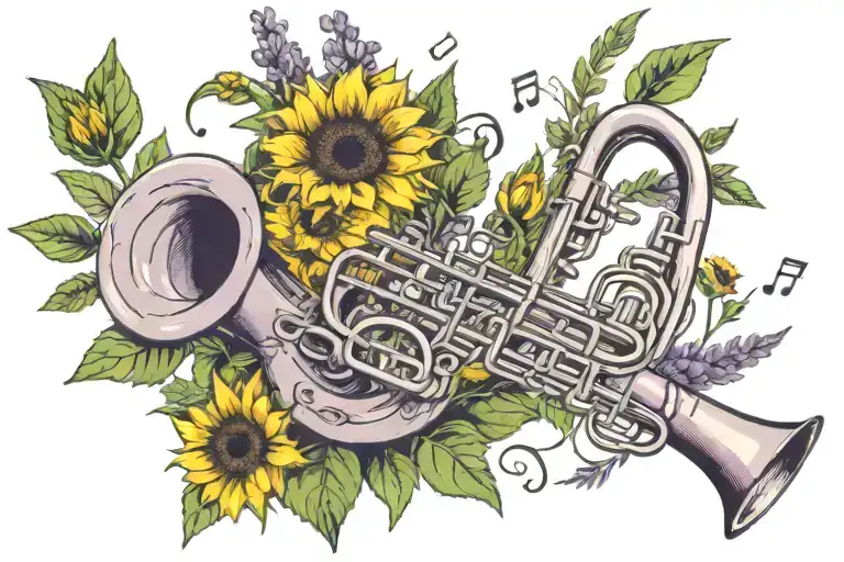 lavender branch with sunflower, a slide trombone, with musical notes flying tattoo design idea