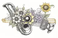 musical notes and trombone and sunflower and lavender and microphone tattoo design idea
