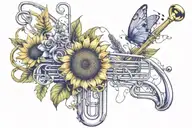 musical notes and trombone and sunflower and lavender and microphone tattoo design idea