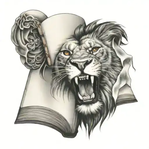 lion open mouth open book surrounded tattoo design idea