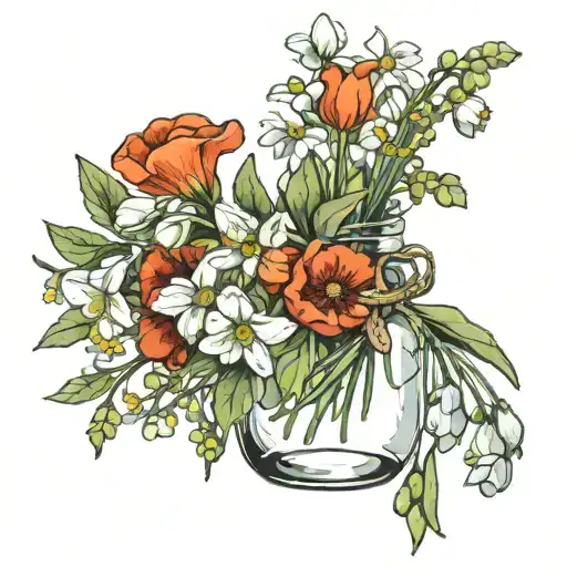 snowdrops and poppies in a small bouquet in a glass jar with a ribbon around the stems  tattoo design idea