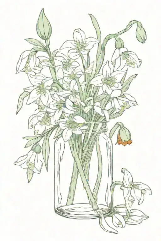 snowdrops and poppies in a small bouquet in a glass jar with a ribbon around the stems  tattoo design idea