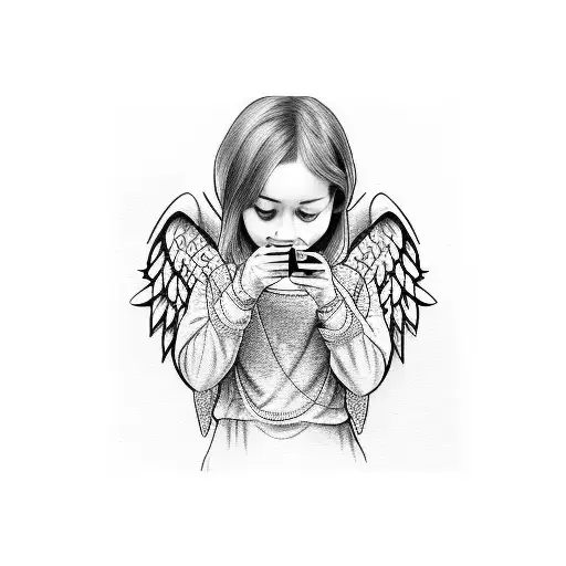 girl angel sits half-sitting with a phone that covers her face  tattoo design idea