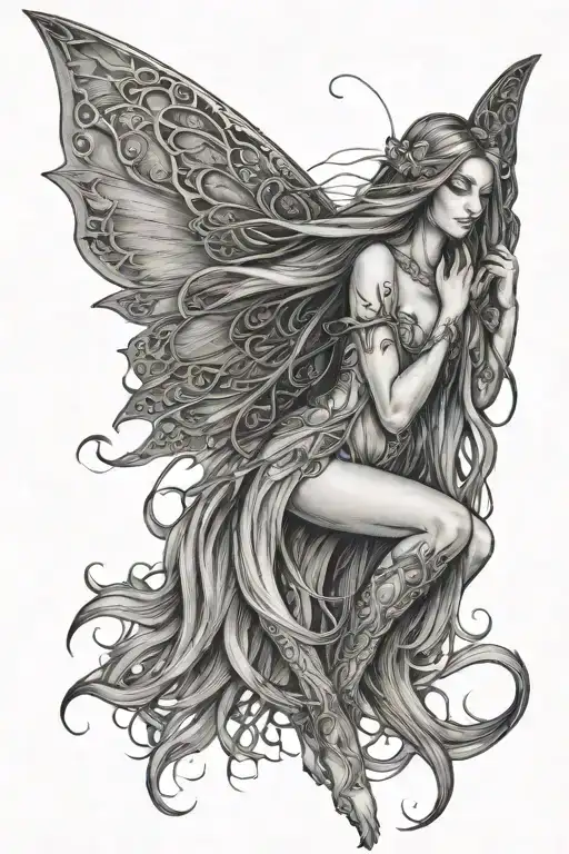full body image of long hair fairy whispering  tattoo design idea