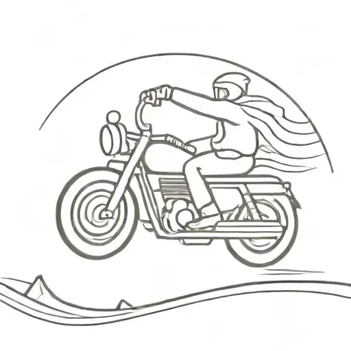 A minimalist tattoo design of a nomad riding a motorcycle on an open road with a sunset backdrop tattoo design idea