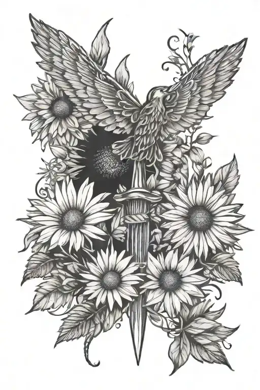 daisy and dandelion flower surrounding dagger tattoo design idea