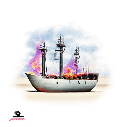 footprints in the sand with burning ship in the backround tattoo design idea
