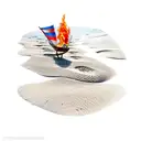 footprints in the sand with burning ship in the backround tattoo design idea