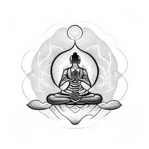 a meditating person geting energy from mushroom and opening the seven chakras tattoo design idea