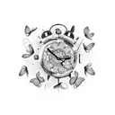 smashed clock with butterflies and flowers  tattoo design idea