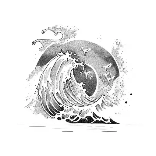 A powerful wave crashing against a rocky coastline with a diving flag symbolizing your passion for diving tattoo design idea