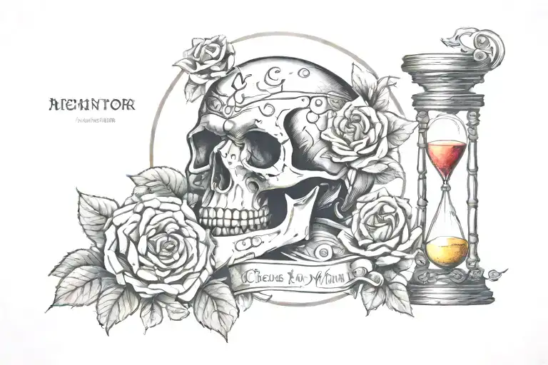 Black skull and roses and hourglass and the text: memento mori tattoo design idea