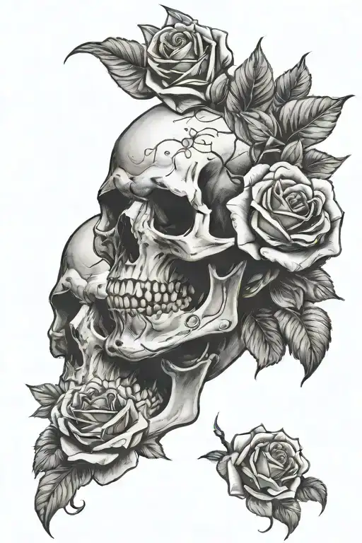 skull with roses growing and zandloper and memento mori tattoo design idea