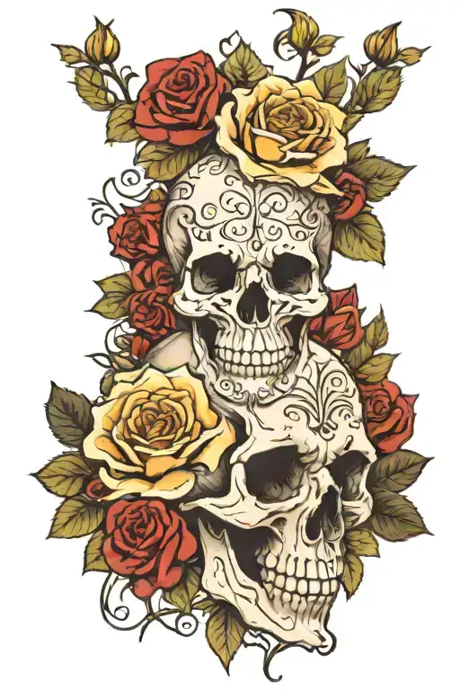 skull with roses growing and zandloper underneath  tattoo design idea