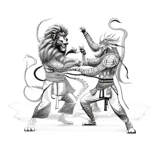 A lion and dragon engaged in a fierce kung fu battle in a sketch style tattoo design idea
