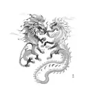 A lion and dragon engaged in a fierce kung fu battle in a sketch style tattoo design idea