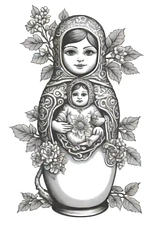 matryoshka doll holding her child looking happy. black and white. cedar tree on the dolls and other lebanese symbols. tattoo design idea
