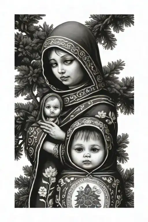 matryoshka doll holding her child. black and white. cedar tree on the dolls and other lebanese symbols tattoo design idea