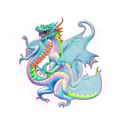 A realistic tattoo of a baker holding a neon-colored dragon-shaped cake, with musical notes floating around tattoo design idea