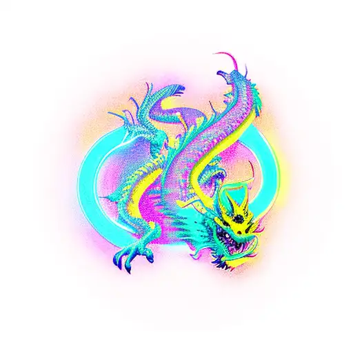 A new-school design of a neon-colored dragon DJ mixing music on a gaming controller tattoo design idea