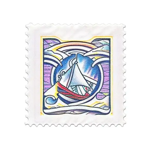 square mail stamp with a thick border. the iamge inside the stamp is a wooden boat and large waves  tattoo design idea