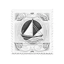 square mail stamp with a thick border. the iamge inside the stamp is a wooden boat and large waves  tattoo design idea