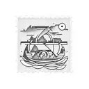 square mail stamp with a thick border. the iamge inside the stamp is a wooden boat and large waves  tattoo design idea