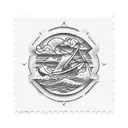 square mail stamp with a thick border. the iamge inside the stamp is a wooden boat and large waves  tattoo design idea