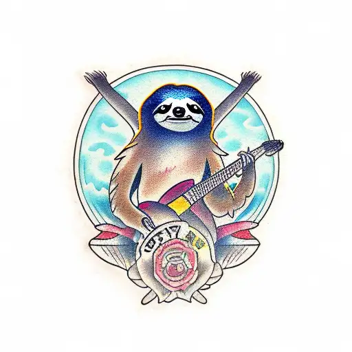 flying sloth rider guitarist tattoo design idea