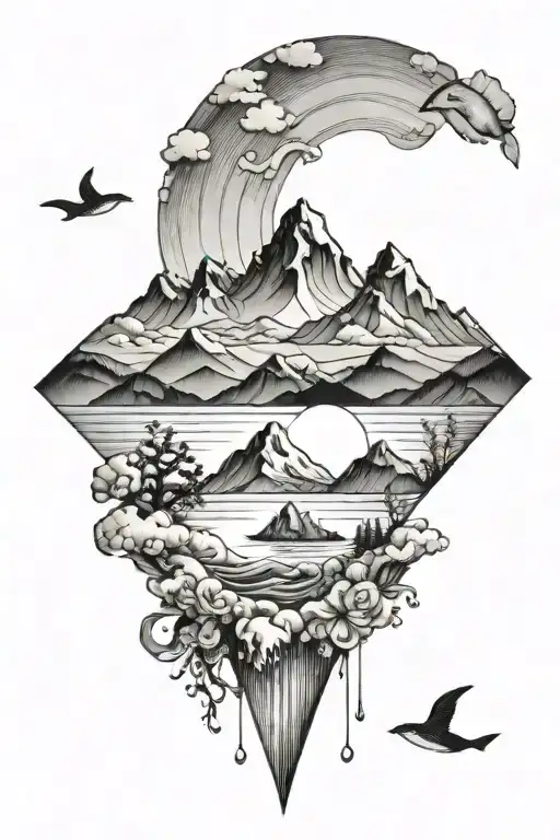 feminine tattoo of ocean and mountains tattoo design idea