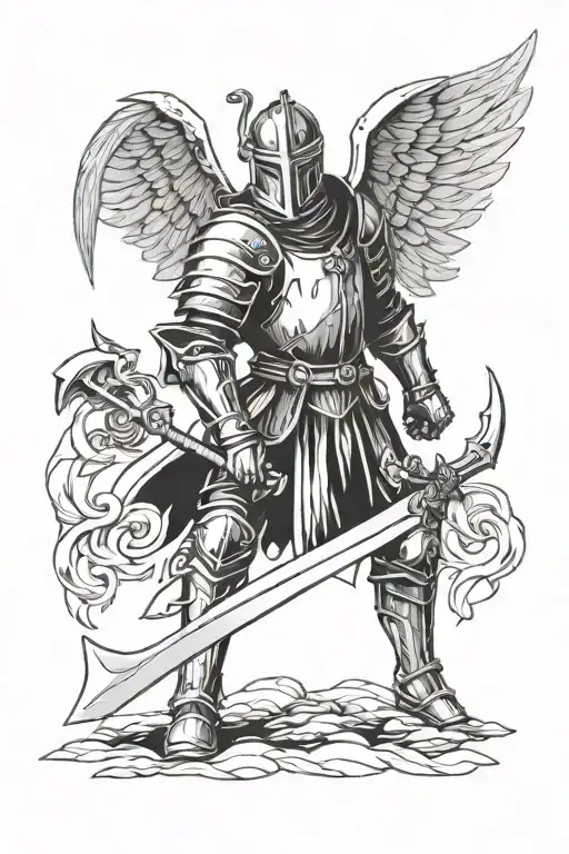 a knight with a axe with in the background a angel tattoo design idea