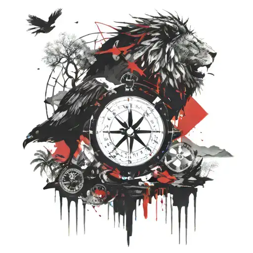dark forest, mountains, crows, compass, lion wearing tattoo design idea
