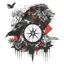 dark forest, mountains, crows, compass, lion wearing tattoo design idea