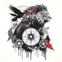 dark forest, mountains, crows, compass, lion wearing tattoo design idea