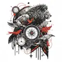 dark forest, mountains, crows, compass, lion wearing tattoo design idea